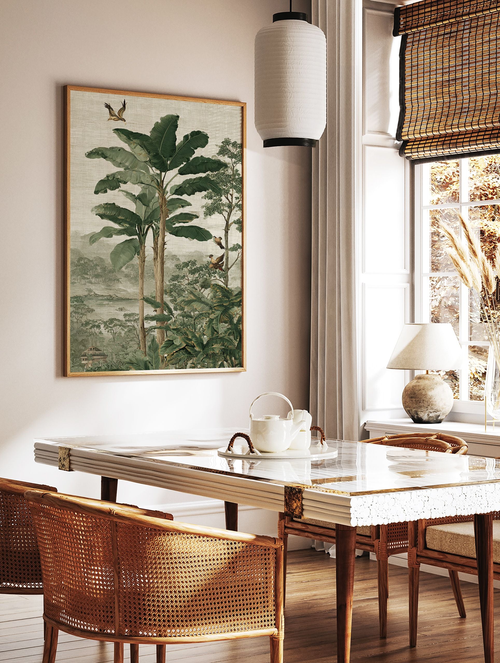 Lush tropical jungle wall art with large green banana leaves, tall trees, exotic birds, a river, and distant misty mountains. - Image 2