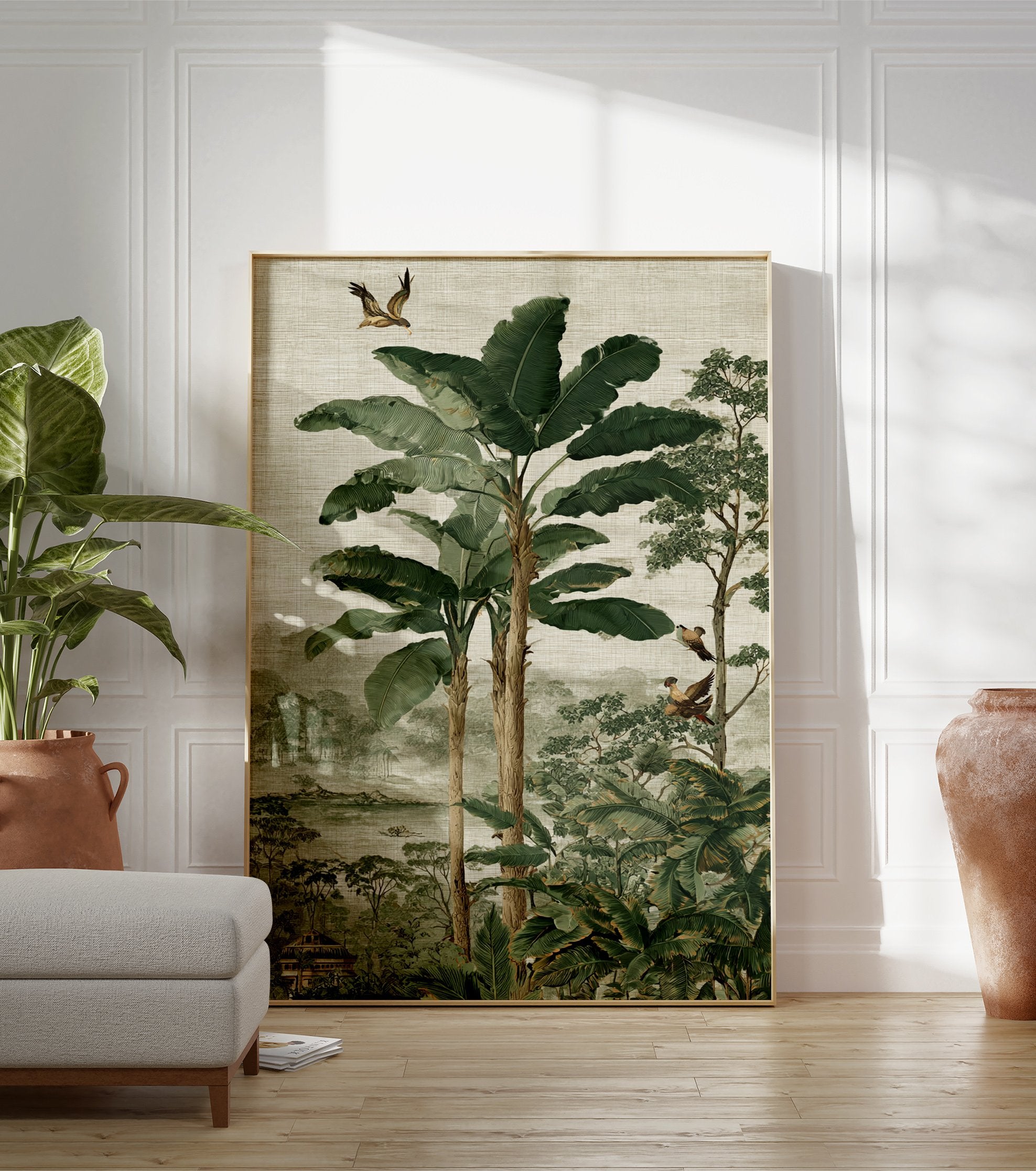 Lush tropical jungle wall art with large green banana leaves, tall trees, exotic birds, a river, and distant misty mountains. - Image 3