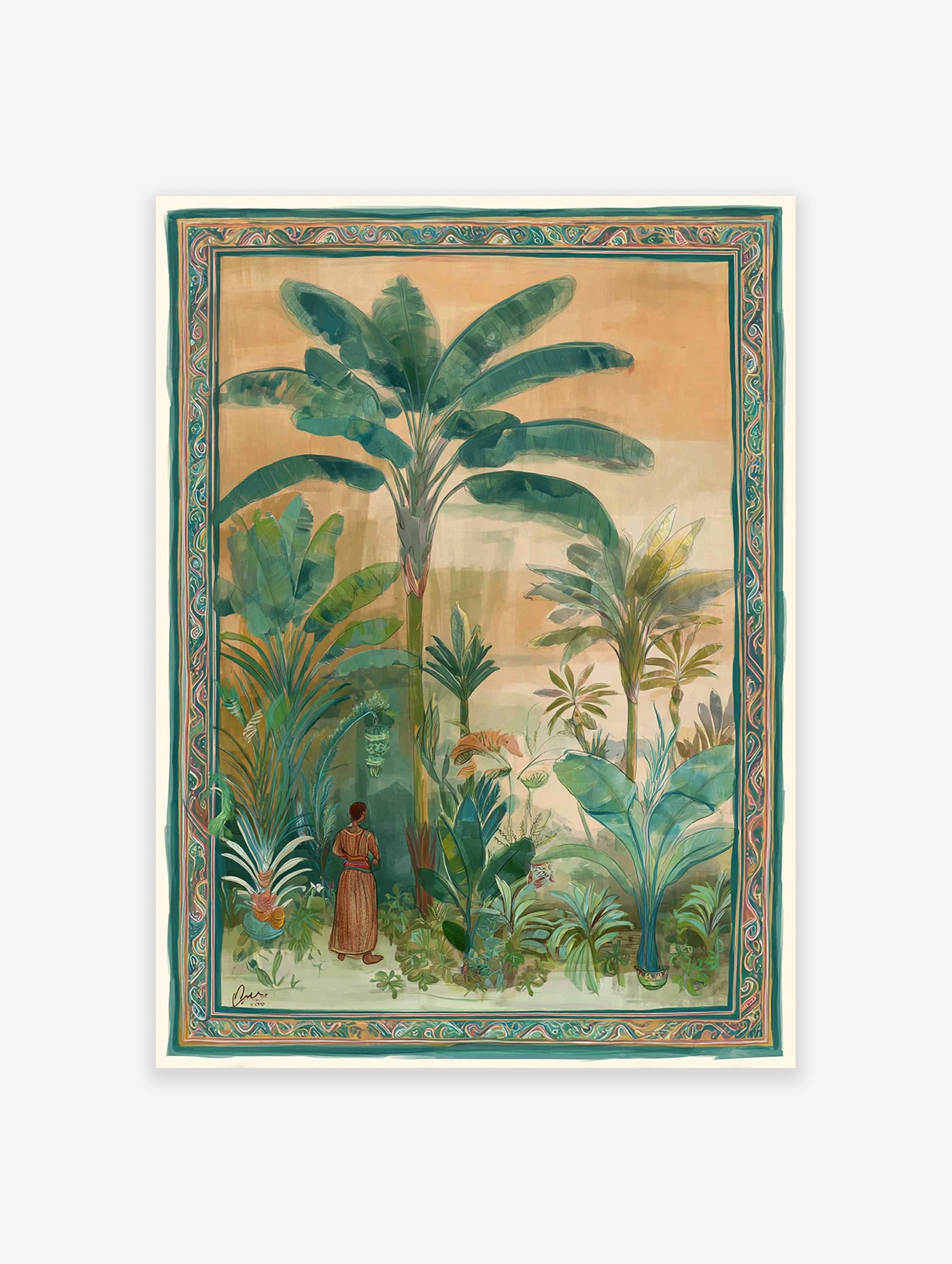 Illustrated tropical jungle wall art with banana trees, lush green foliage, and a person in traditional attire, framed with an intricate border.