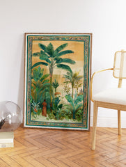 Illustrated tropical jungle wall art with banana trees, lush green foliage, and a person in traditional attire, framed with an intricate border. - Image 2