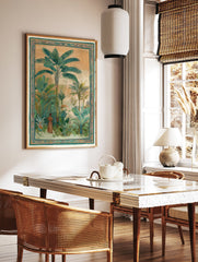 Illustrated tropical jungle wall art with banana trees, lush green foliage, and a person in traditional attire, framed with an intricate border. - Image 3