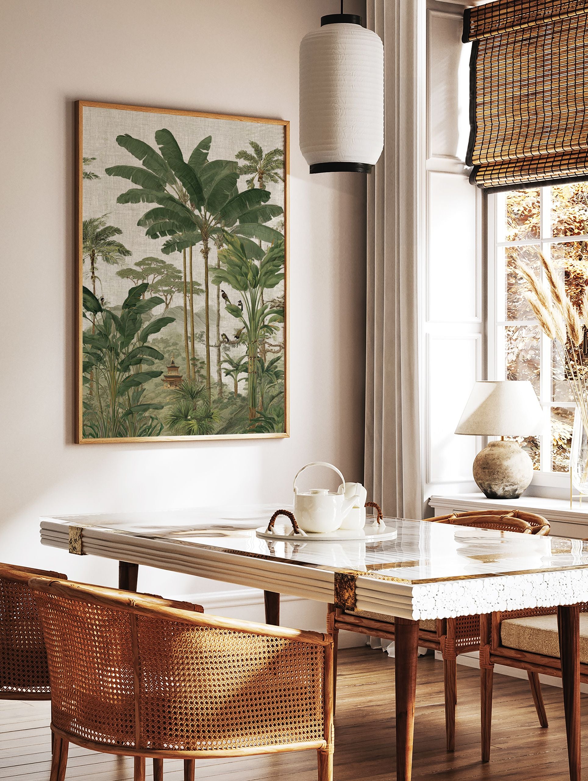 Tropical jungle wall art featuring lush banana and palm trees, exotic birds, and a traditional Asian pagoda in a serene landscape. - Image 2