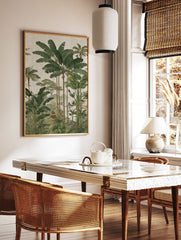 Tropical jungle wall art featuring lush banana and palm trees, exotic birds, and a traditional Asian pagoda in a serene landscape. - Image 2