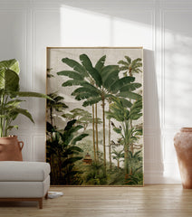 Tropical jungle wall art featuring lush banana and palm trees, exotic birds, and a traditional Asian pagoda in a serene landscape. - Image 3