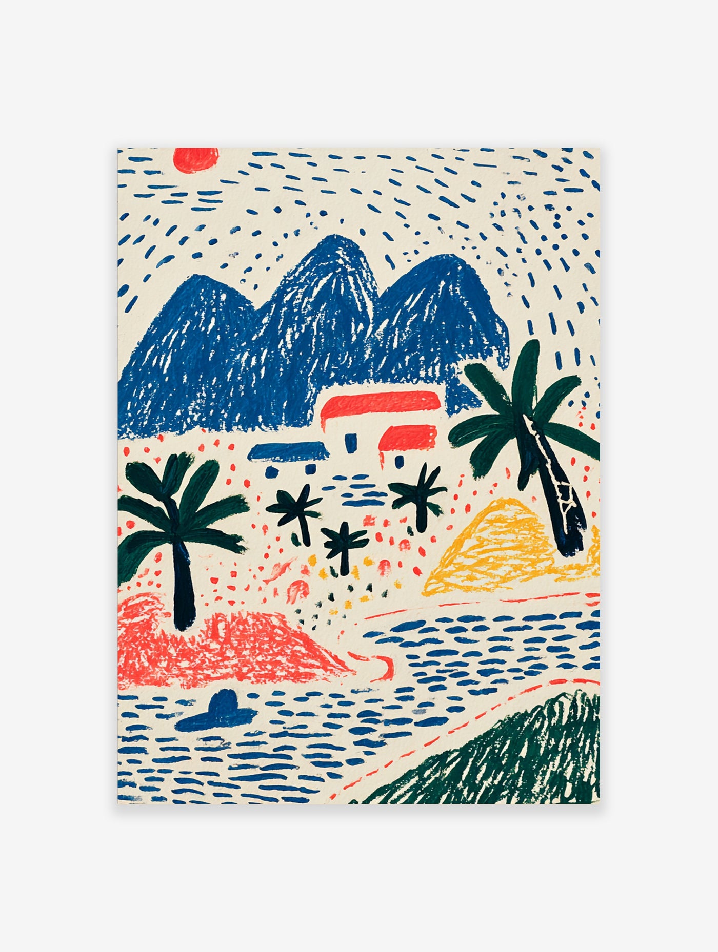 Tropical landscape art print with blue mountains, palm trees, red-roofed houses, and red sun on cream background