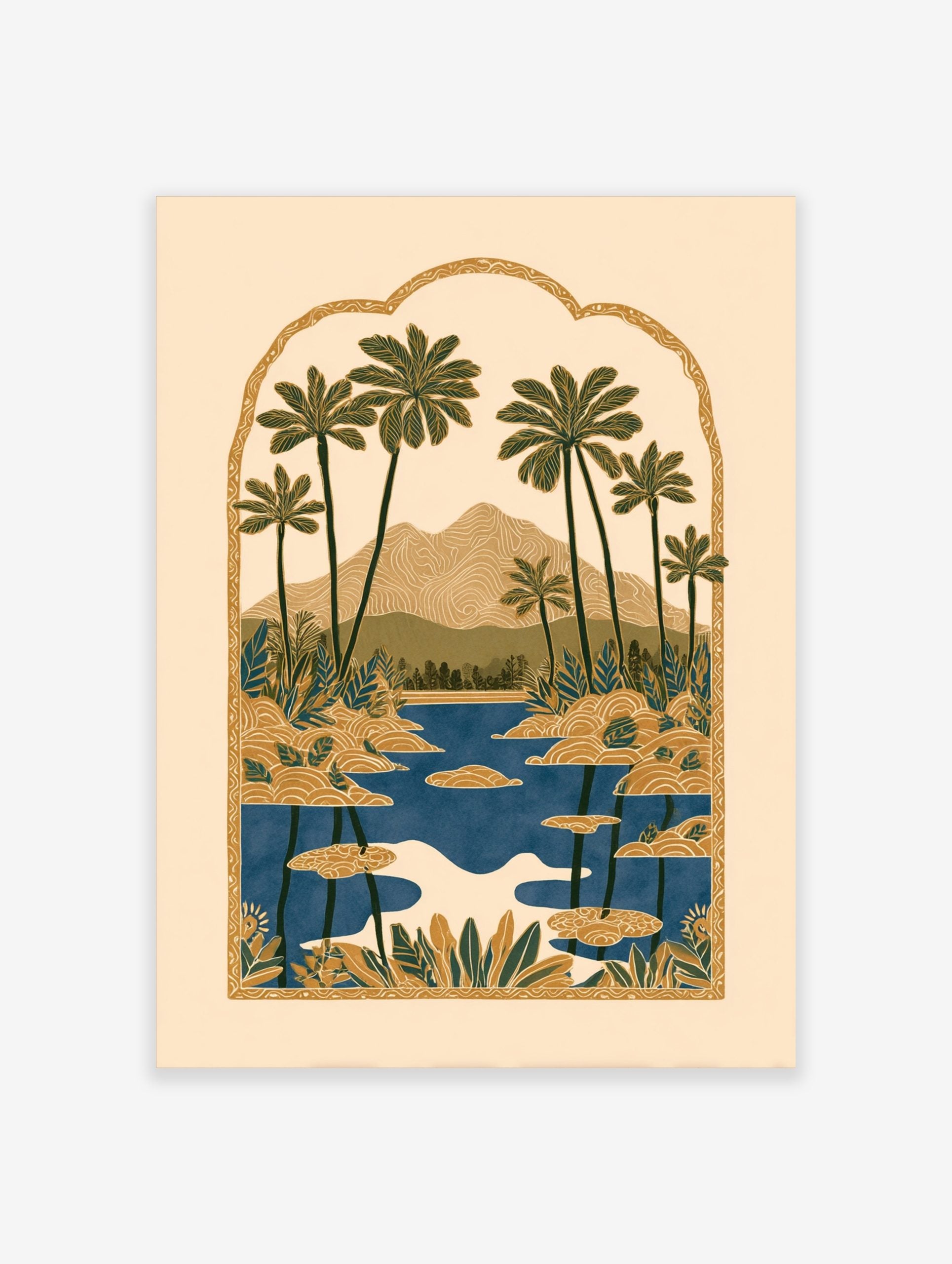 Illustrative tropical landscape print with palm trees, mountains, and a lake inside an ornate arched border