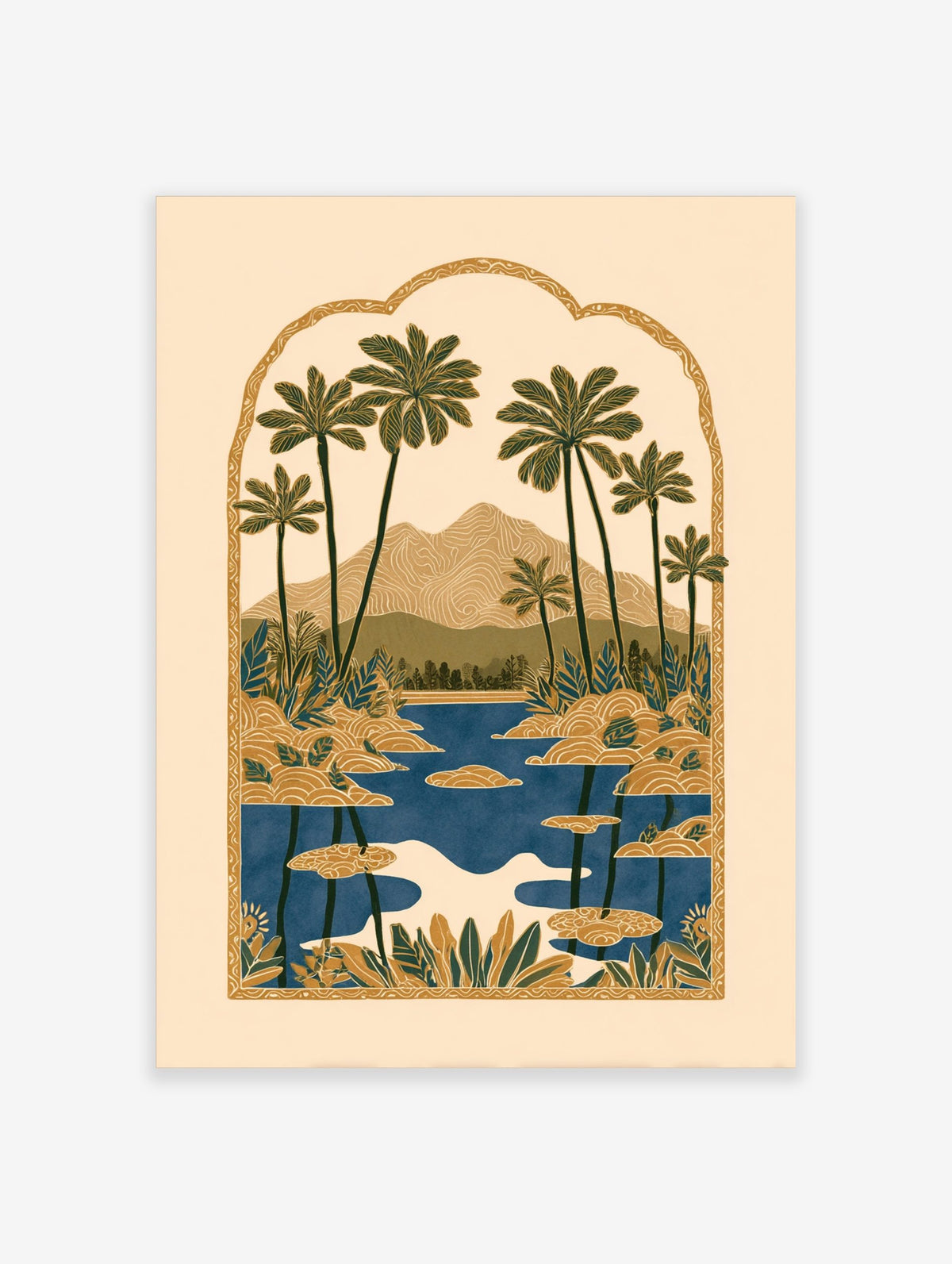 Illustrative tropical landscape print with palm trees, mountains, and a lake inside an ornate arched border