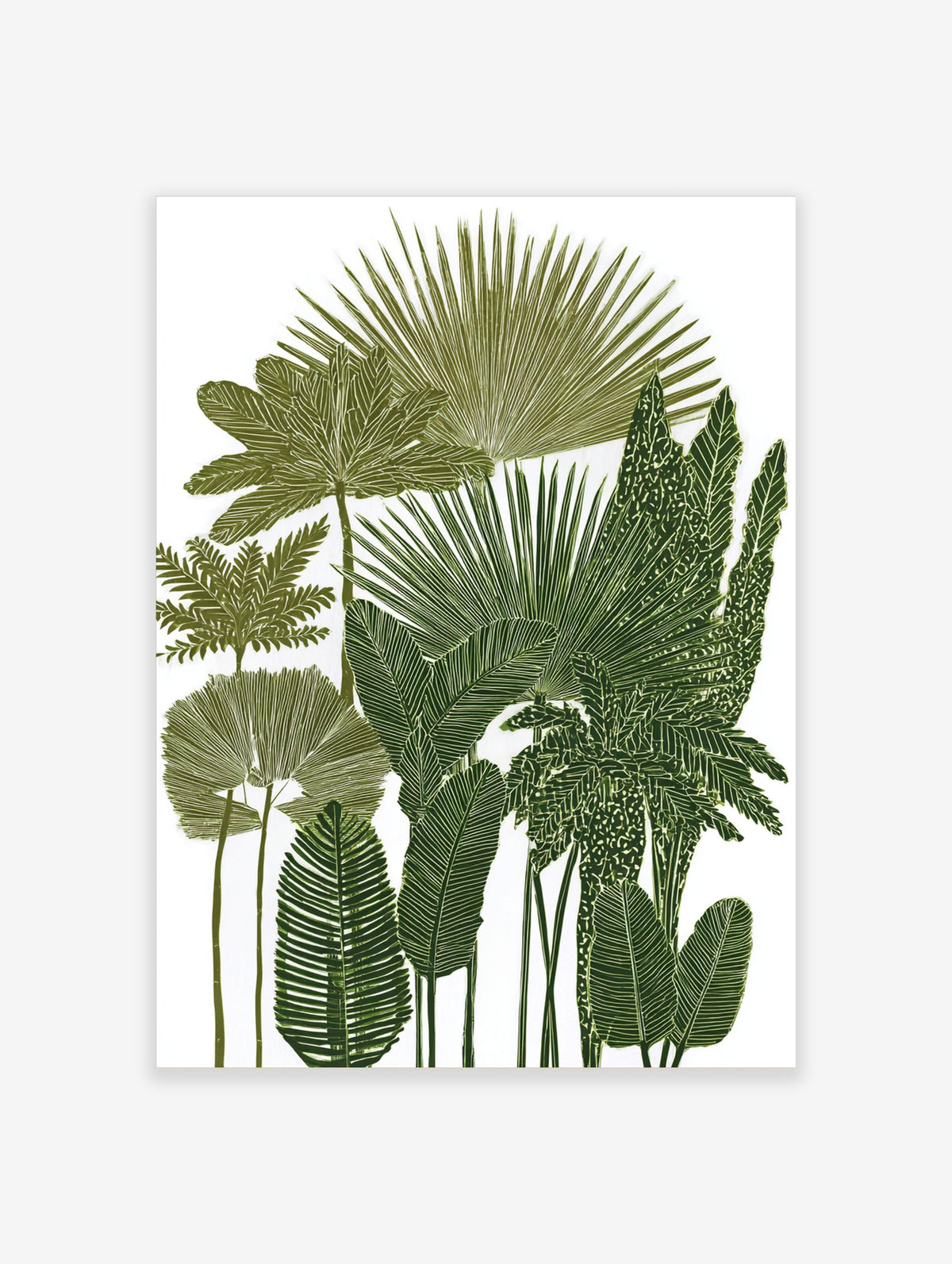 Tropical leaf botanical art print with fan palm and banana leaves in green on white