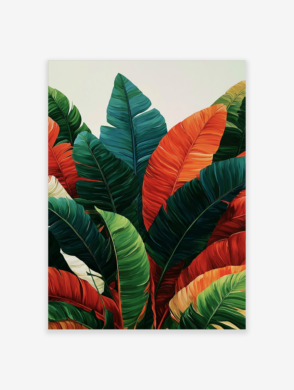 Tropical leaf art print with overlapping green, orange and red banana leaves on pale background