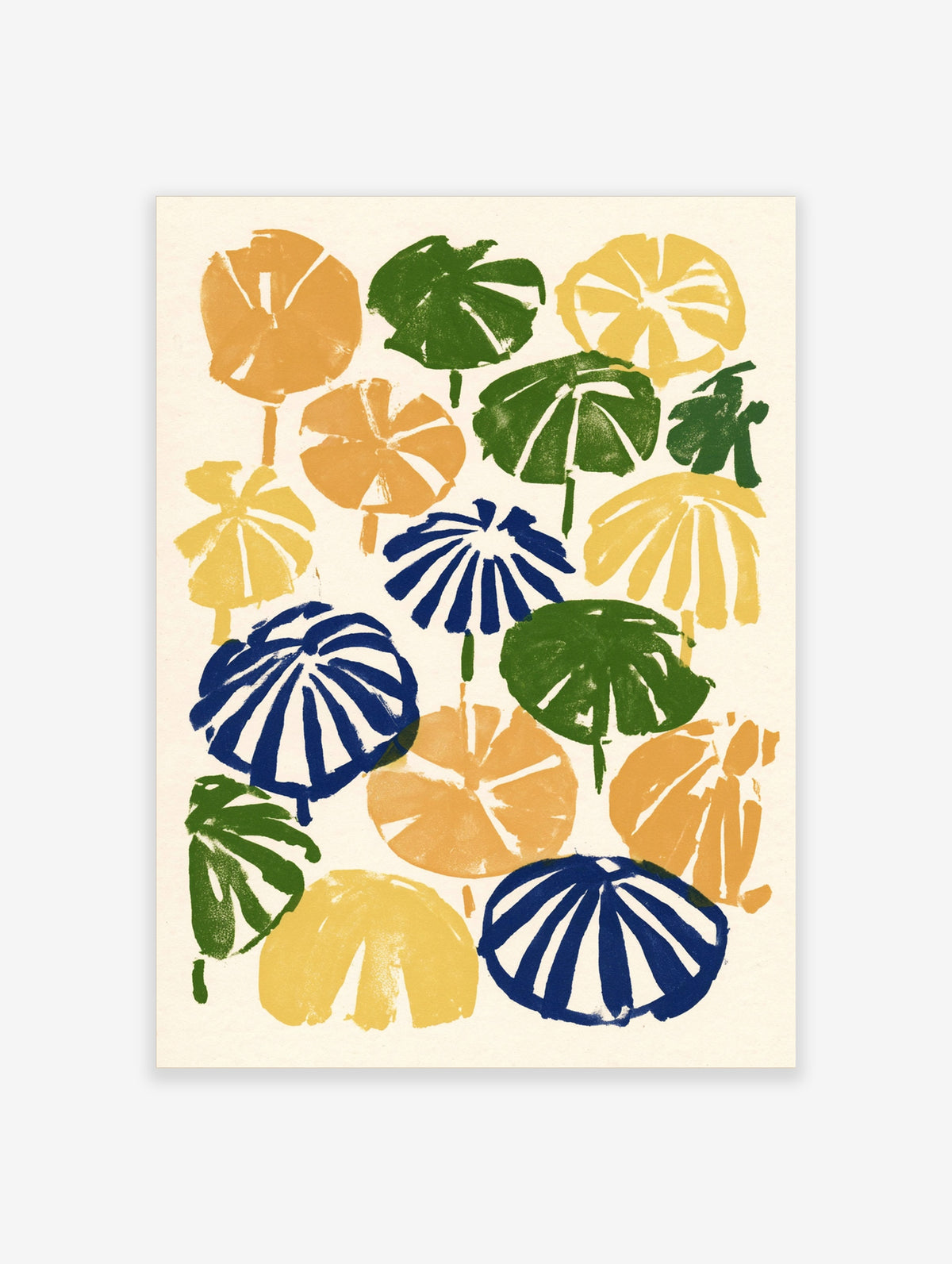 Colourful tropical leaf poster with orange, green, yellow and blue monstera and fan palm shapes