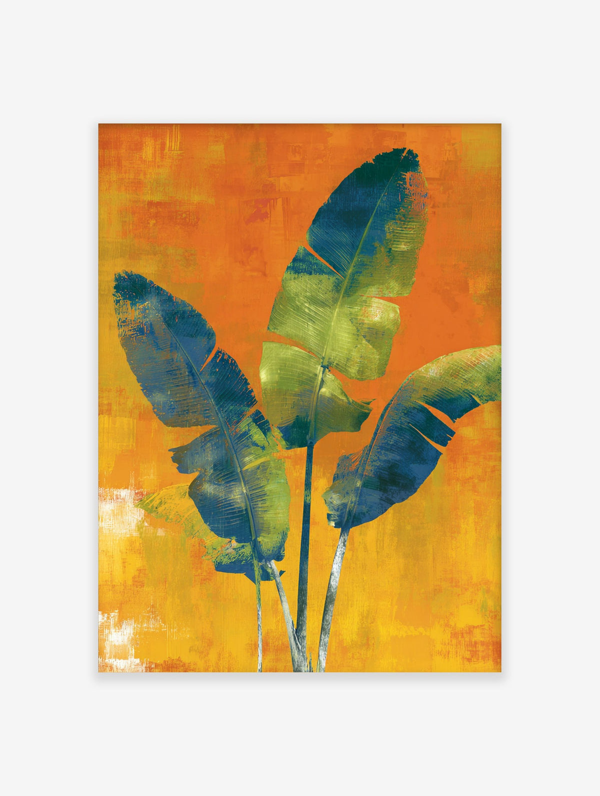 Three large blue and green tropical leaves on a textured orange and yellow background wall art print