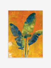 Three large blue and green tropical leaves on a textured orange and yellow background wall art print