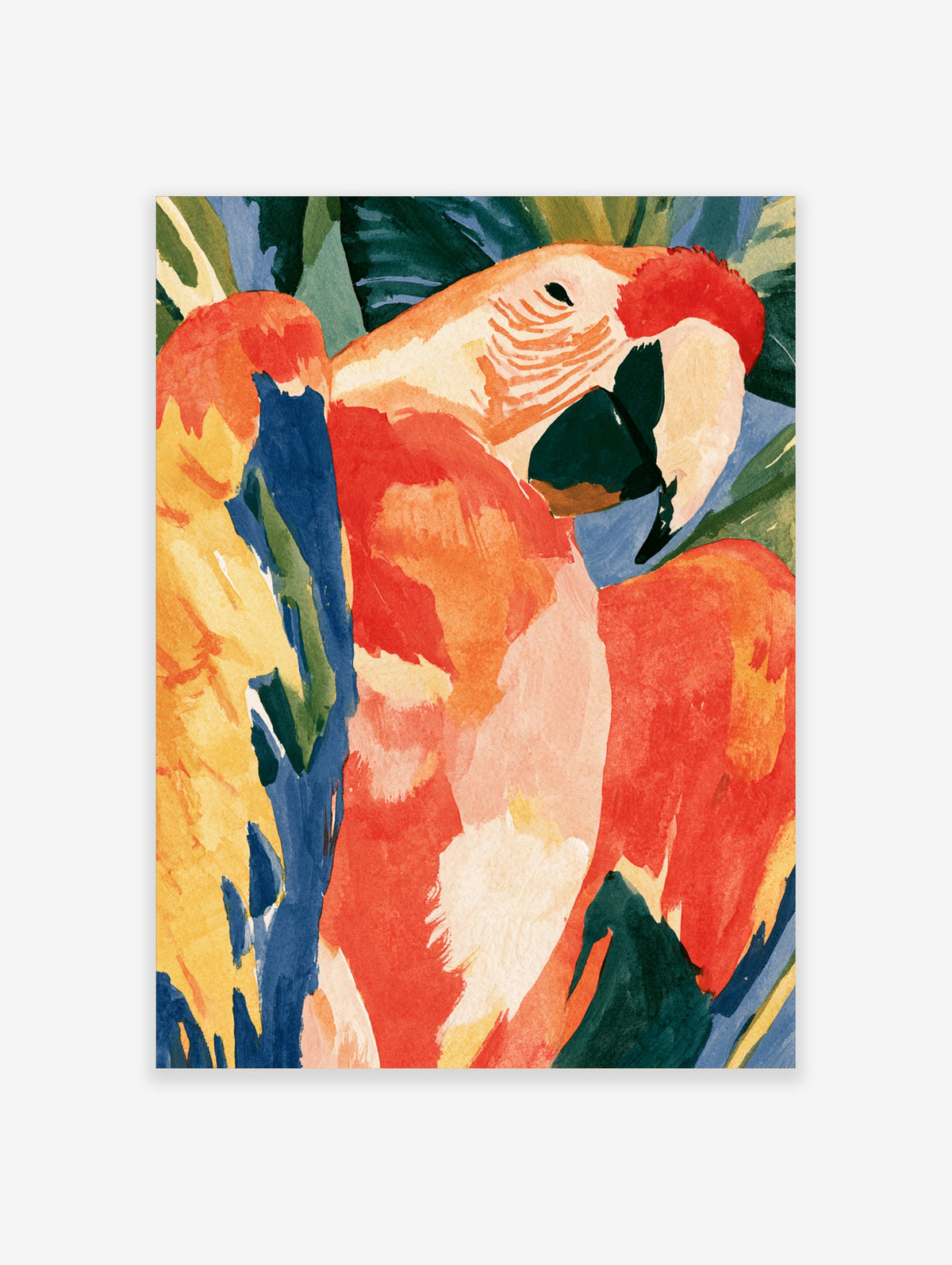 Tropical macaw parrot art print with red and orange feathers, cream face and dark green beak among leaves