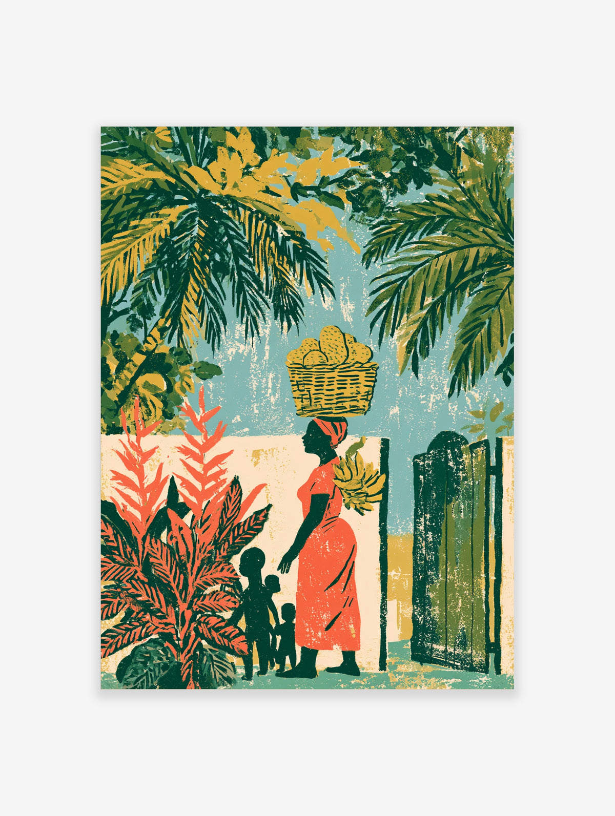 Tropical market woman poster with basket of bread, two children, palm leaves, and wooden gate
