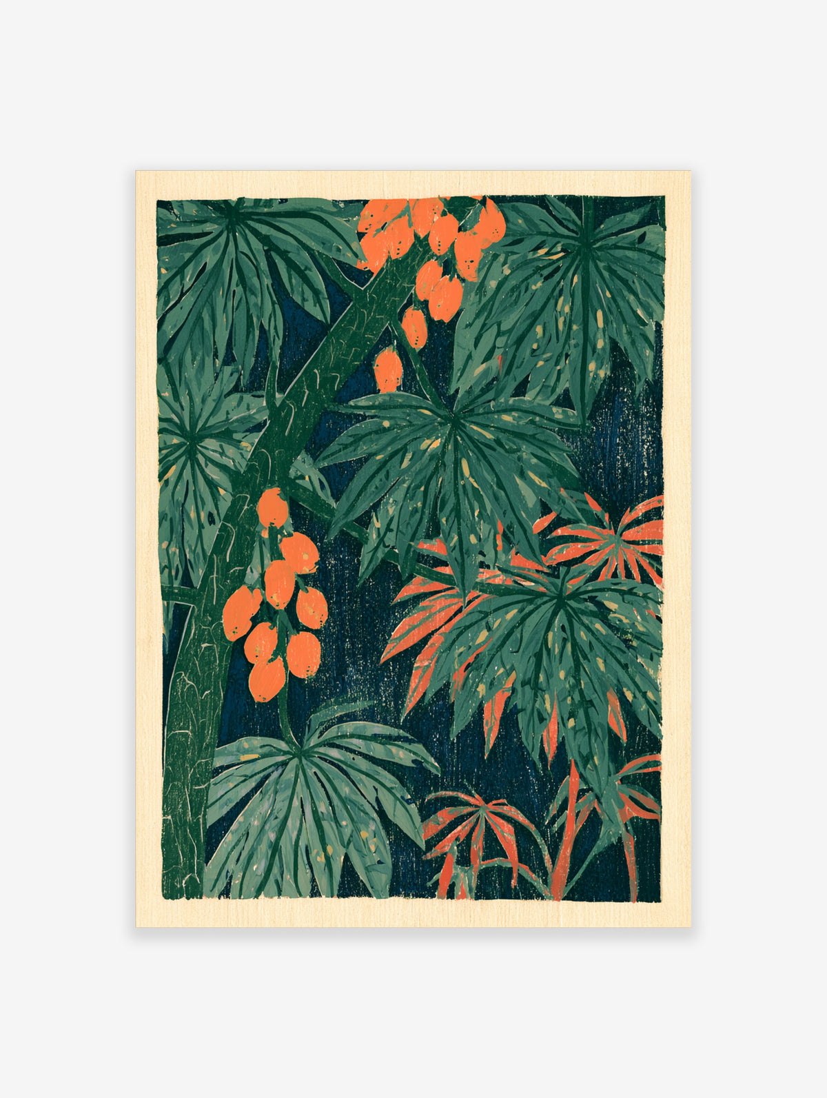 Tropical monstera and palm leaves with orange fruit on navy background art print