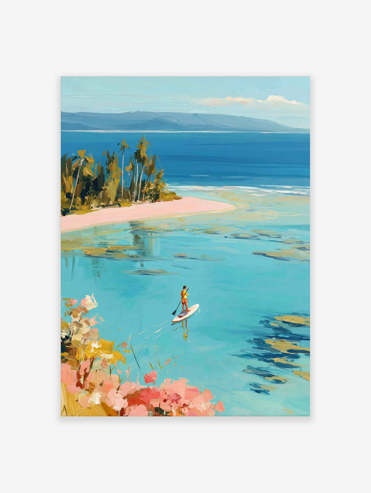 Painterly tropical beach scene with a person paddleboarding on clear turquoise water and palm trees