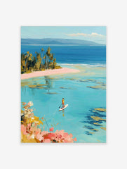 Painterly tropical beach scene with a person paddleboarding on clear turquoise water and palm trees