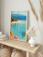 Painterly tropical beach scene with a person paddleboarding on clear turquoise water and palm, in an alternate framed mockup