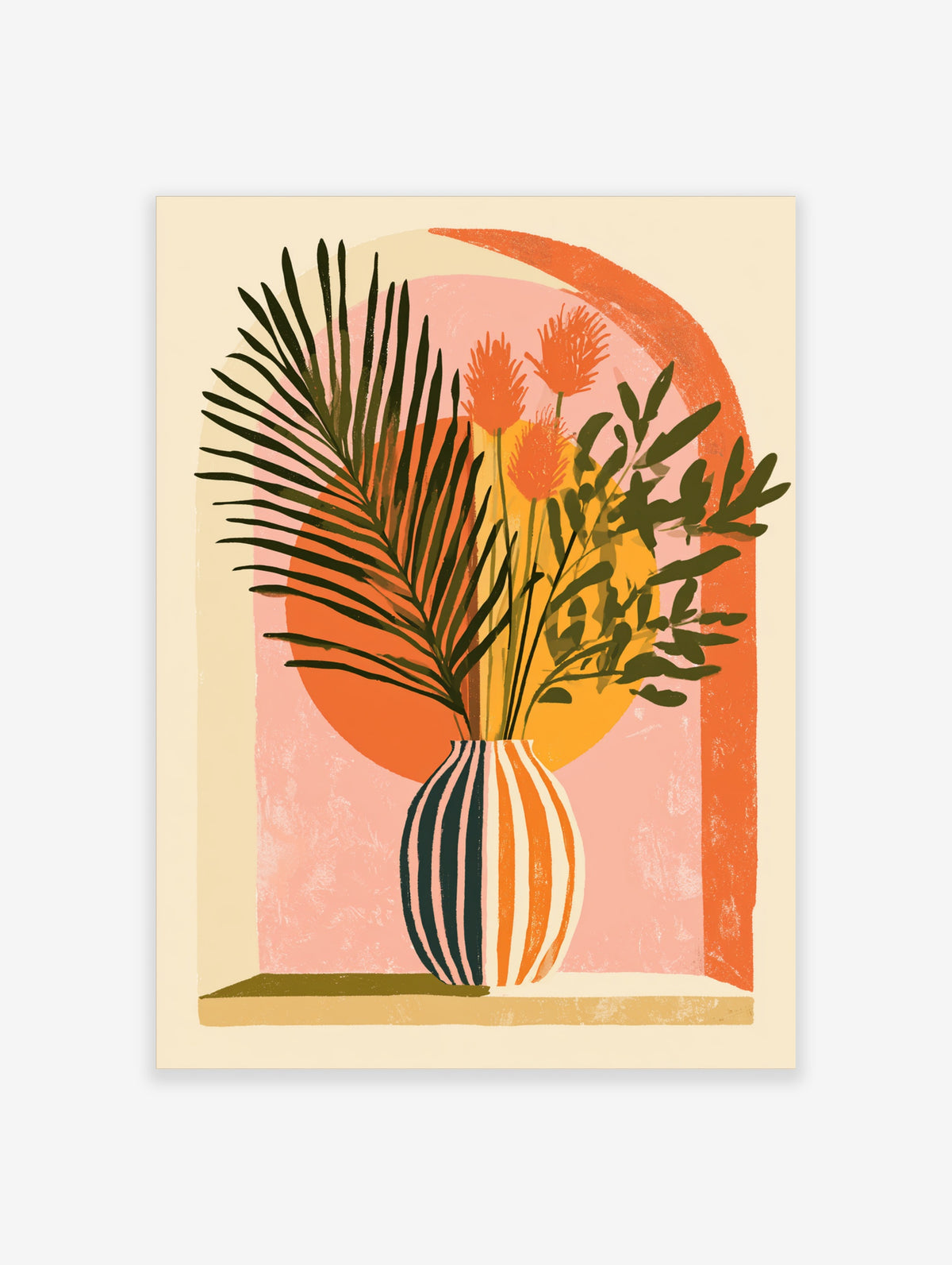Tropical palm leaf and orange protea flowers in a striped vase against pink and orange arches art print