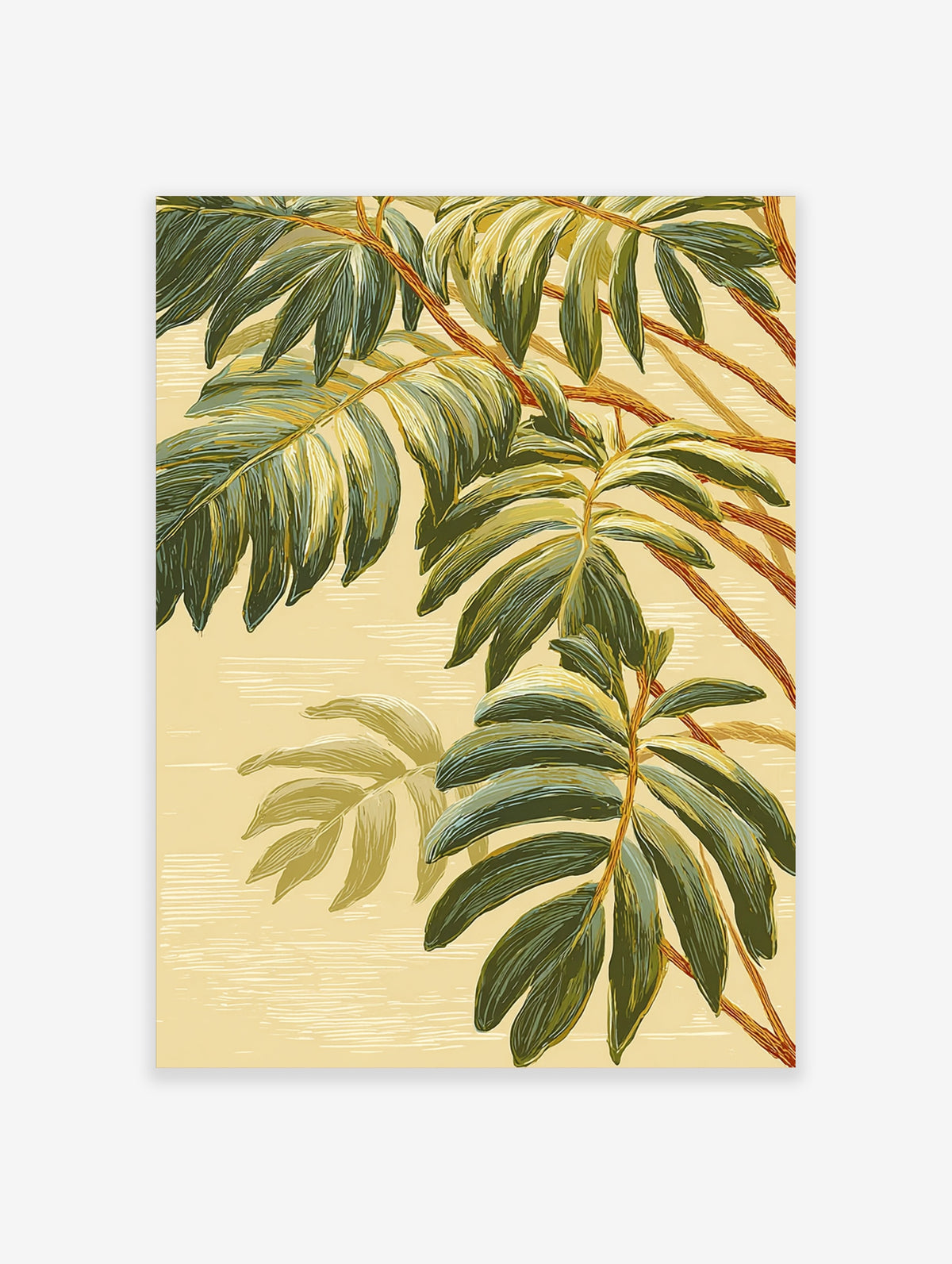 Tropical palm leaf art print with green fronds, golden stems, and beige background