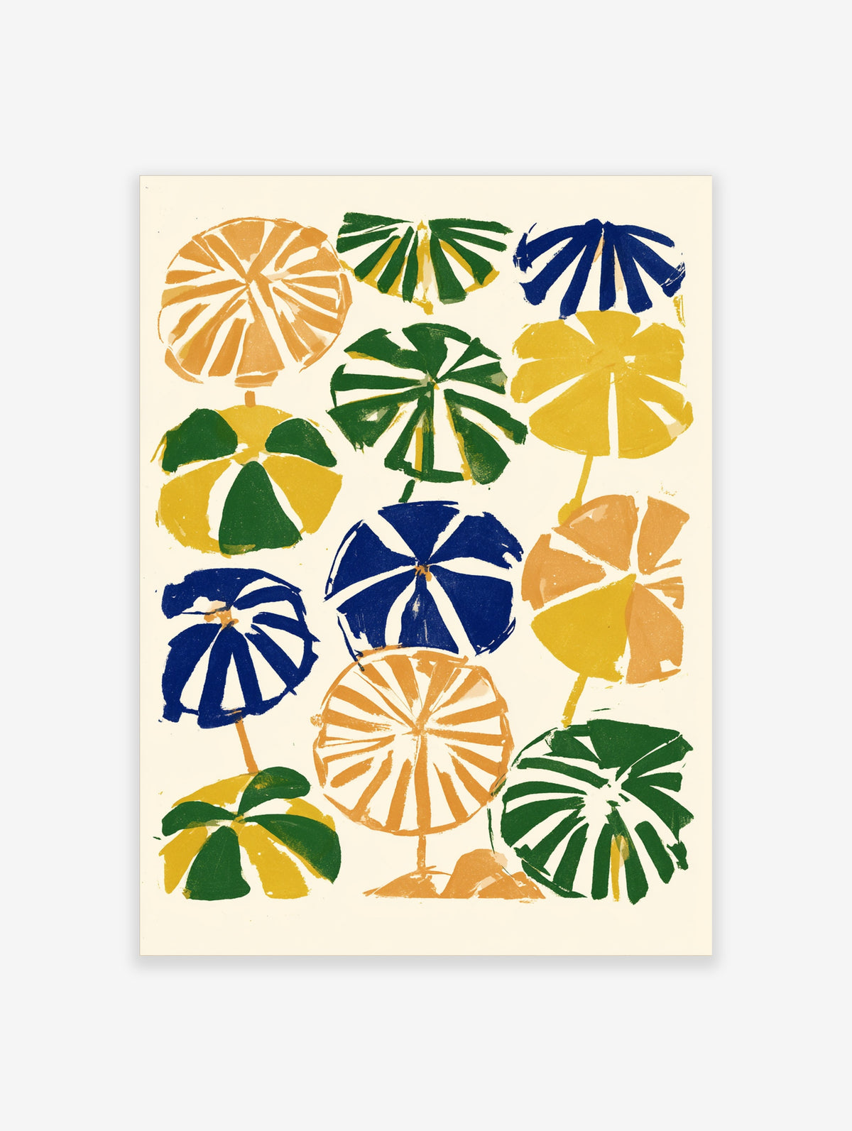 Colourful tropical palm leaf art print with green, blue, yellow and orange fronds on cream background