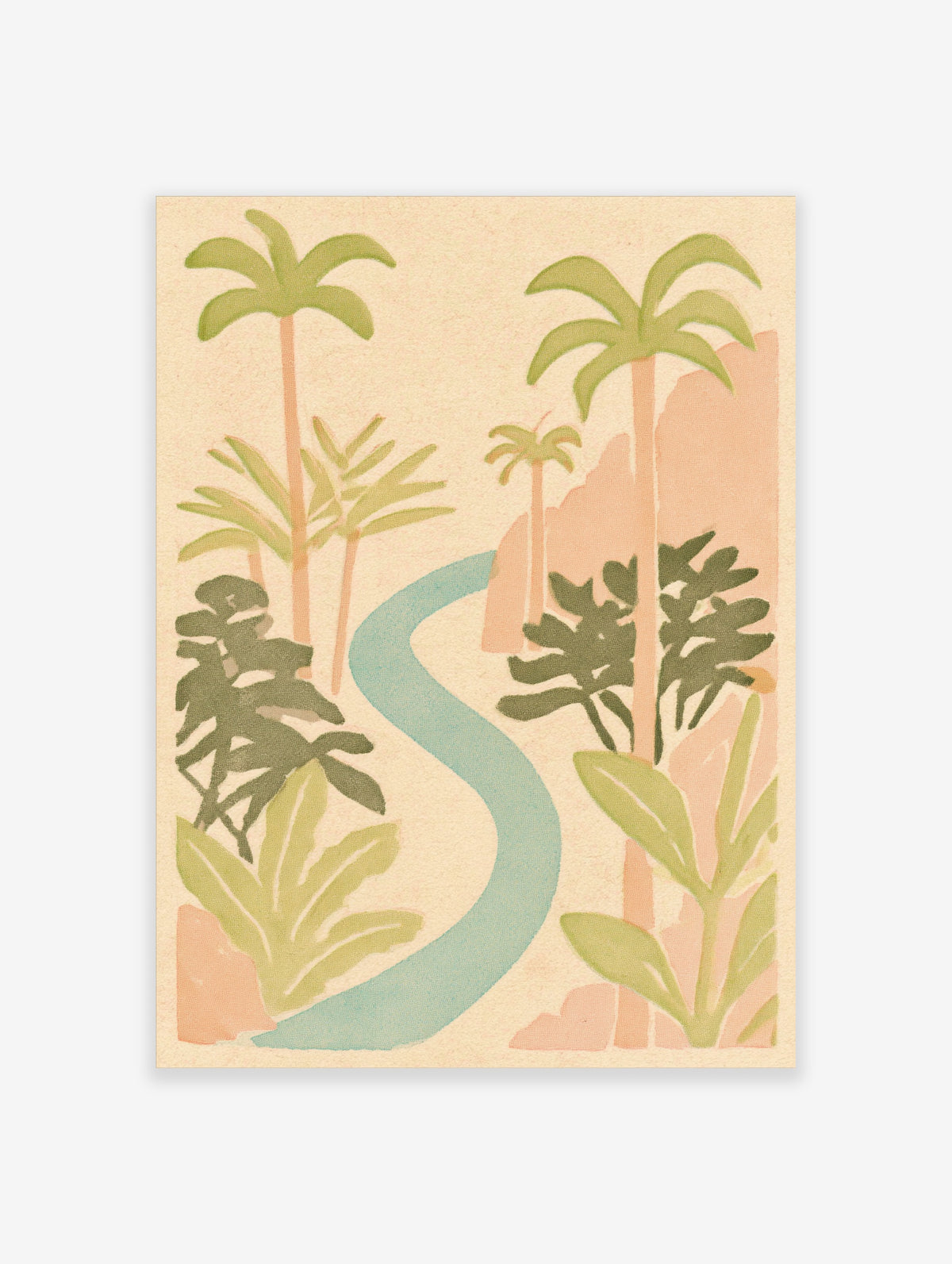 Tropical palm river print with winding blue stream, pastel jungle foliage, and pink rock forms