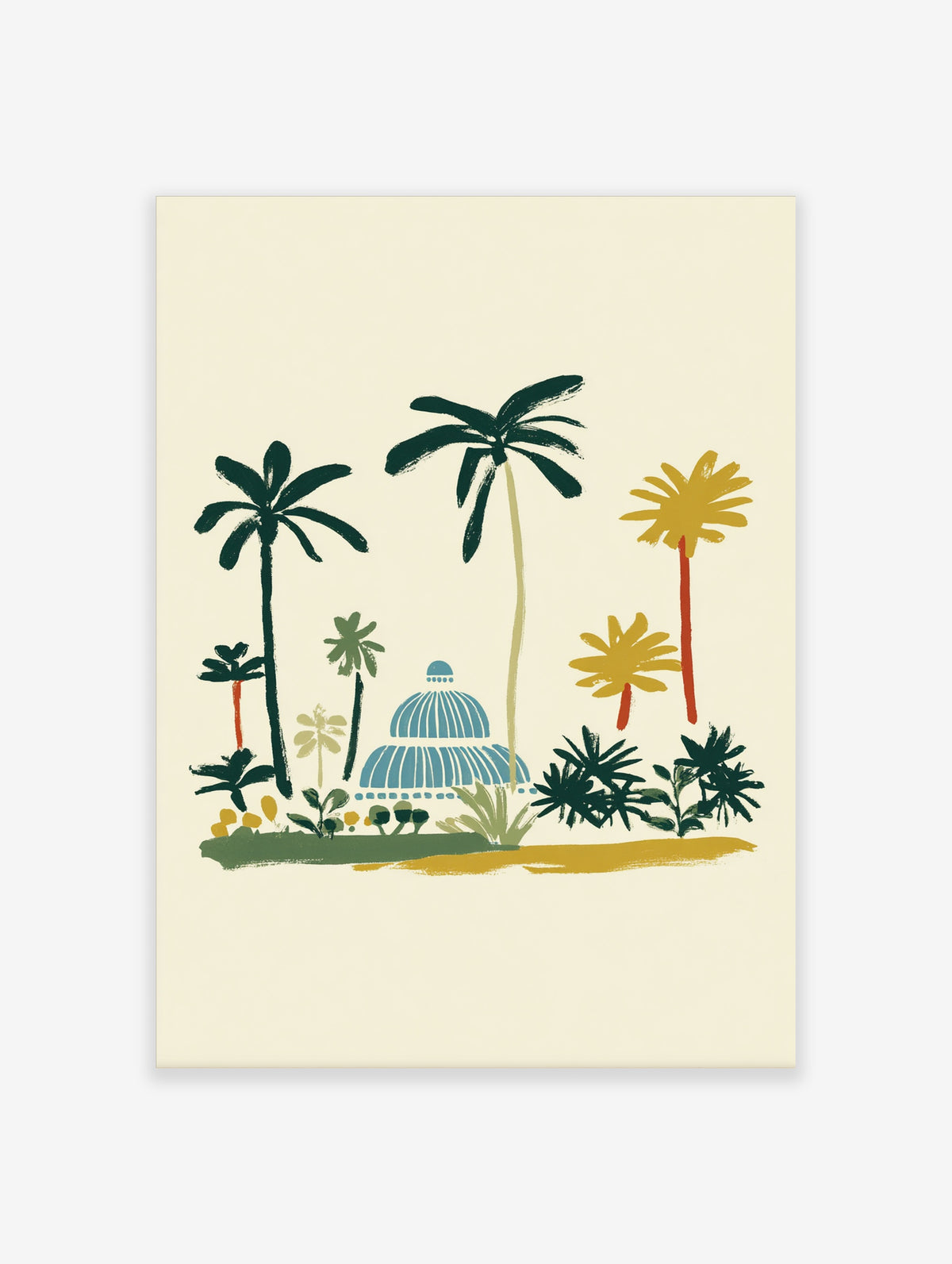 Tropical palm tree poster with blue domed glasshouse and colourful stylised palms on cream background