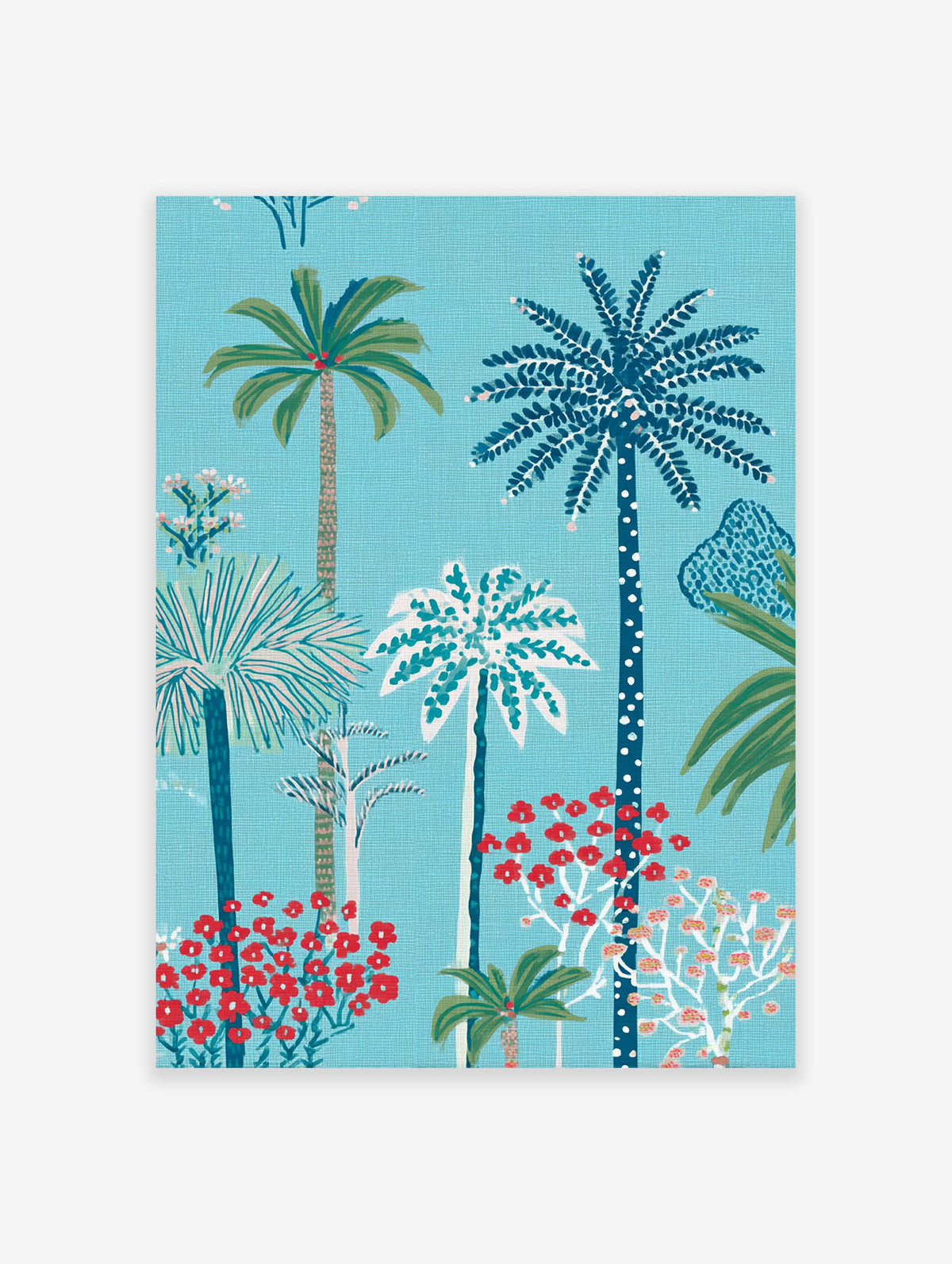Illustrated tropical palm tree forest poster with red flowers and a blue background.