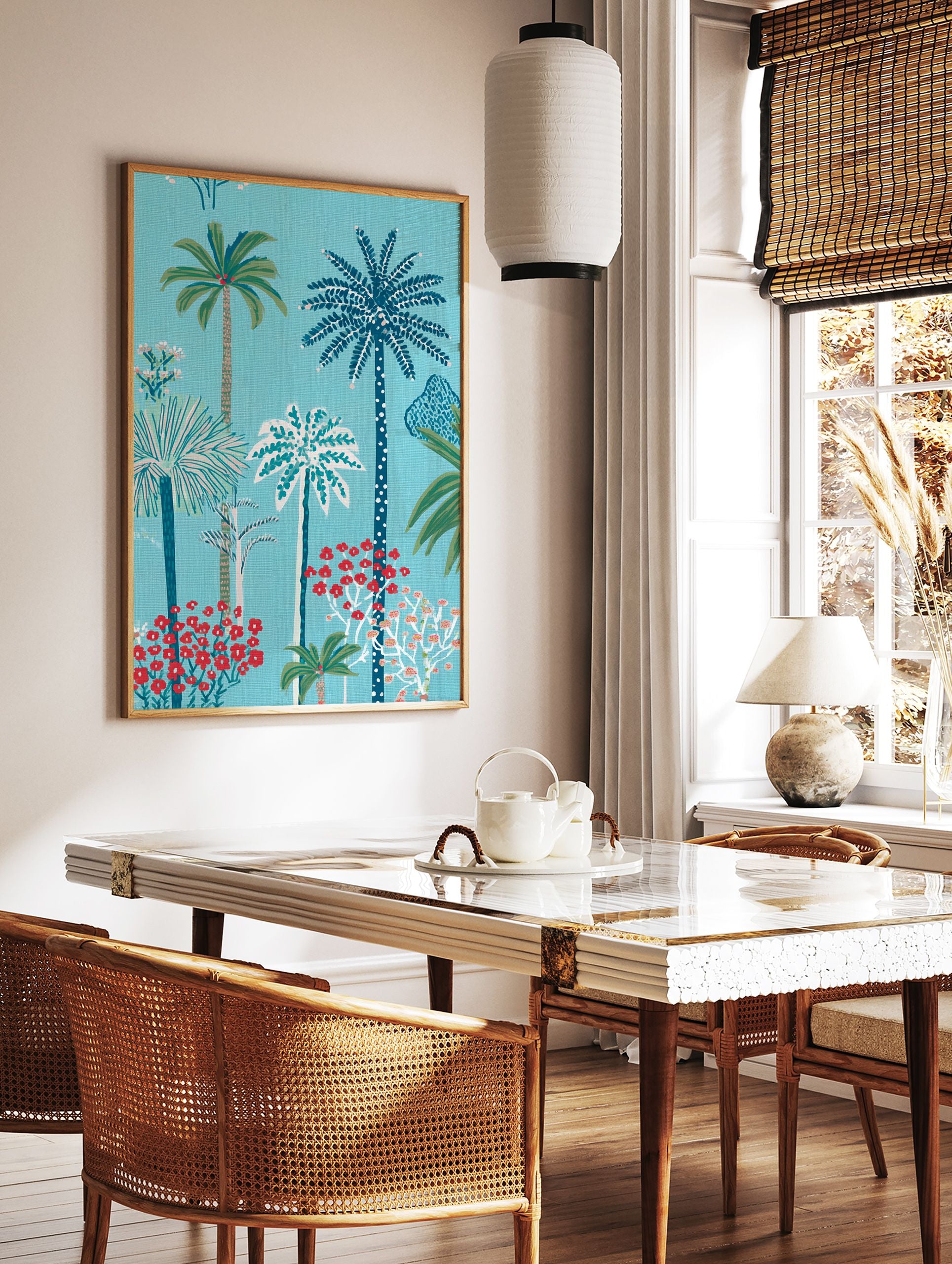 Illustrated tropical palm tree forest poster with red flowers and a blue background. - Image 2