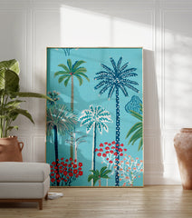 Illustrated tropical palm tree forest poster with red flowers and a blue background. - Image 3