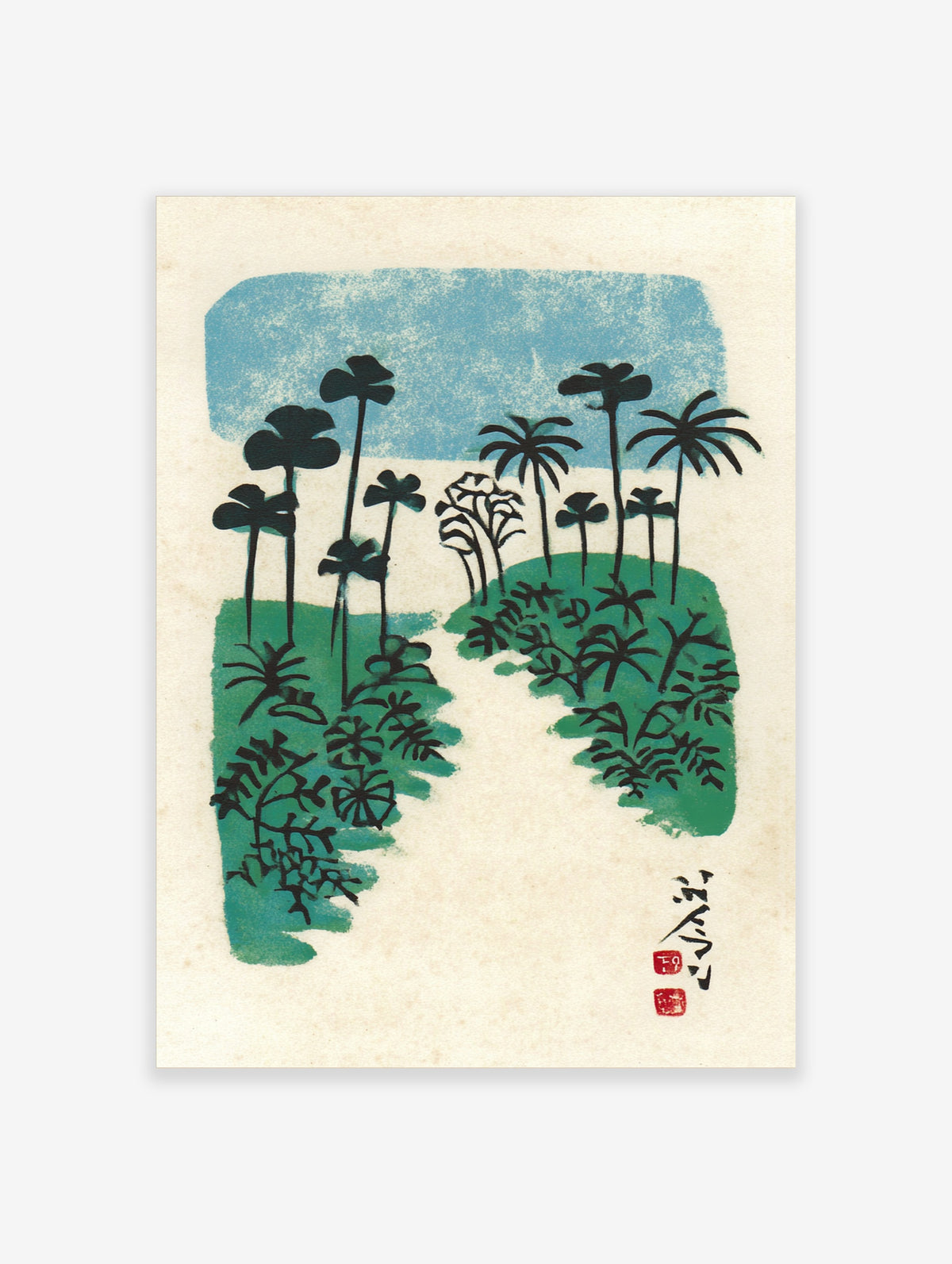 Tropical palm tree poster with dark silhouettes, green foliage, blue sky block, and Japanese text