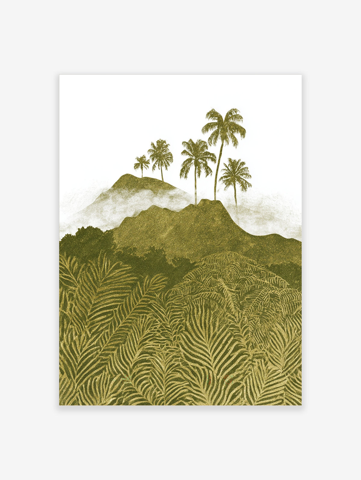 Tropical palm tree poster with green mountain peaks, mist, and layered fern leaves