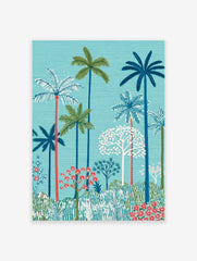 Vibrant tropical palm tree poster with lush green and blue foliage and red accents against a teal background.