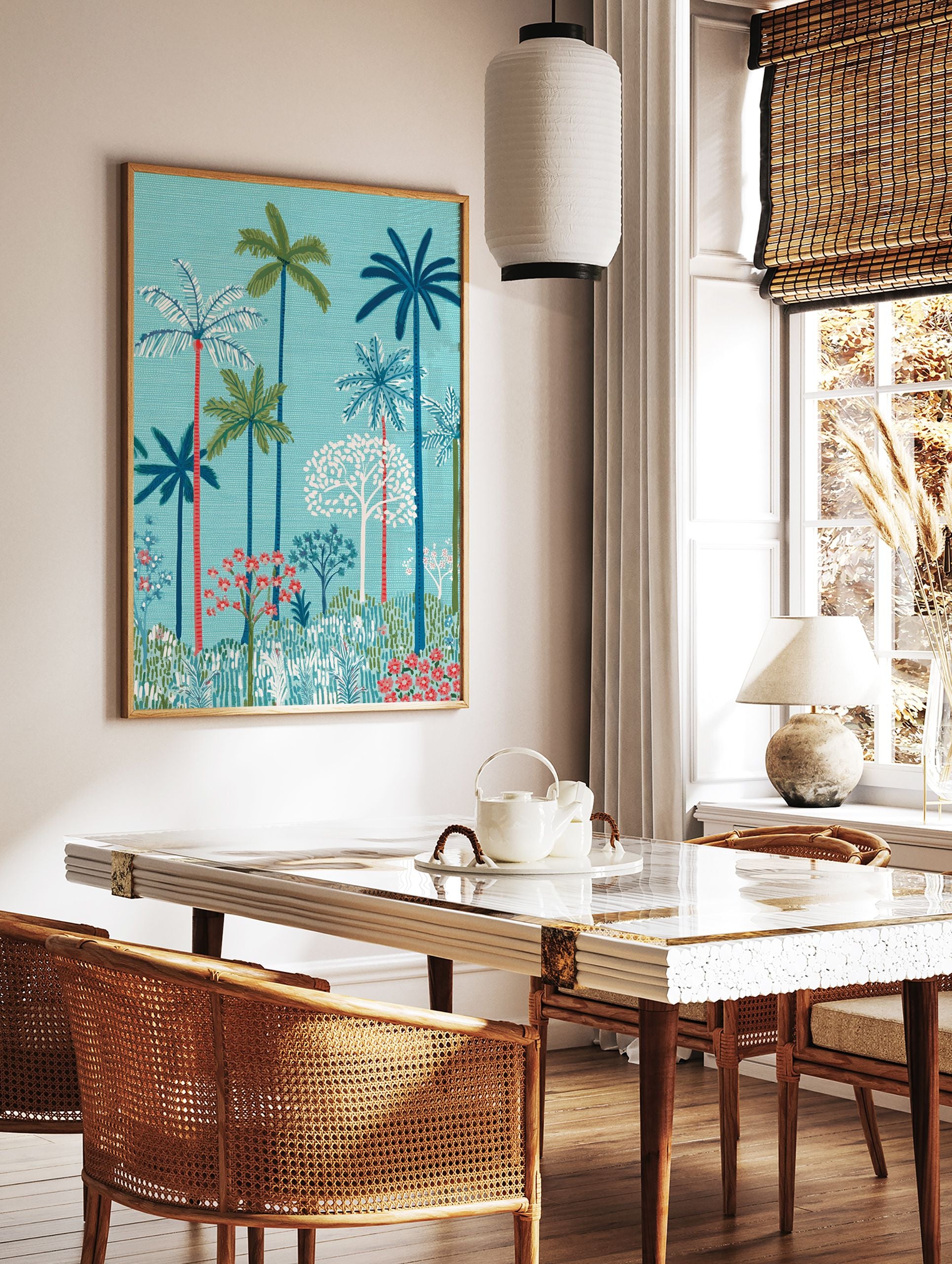 Vibrant tropical palm tree poster with lush green and blue foliage and red accents against a teal background. - Image 2