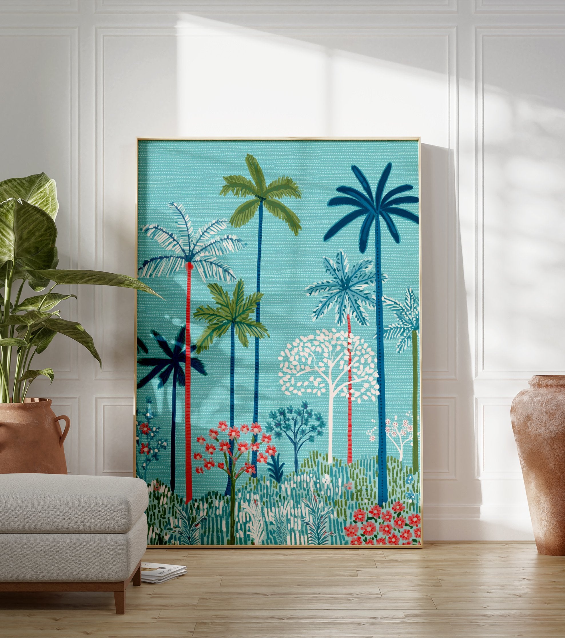 Vibrant tropical palm tree poster with lush green and blue foliage and red accents against a teal background. - Image 3
