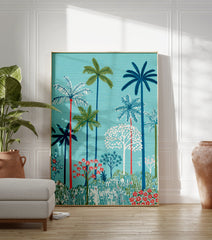 Vibrant tropical palm tree poster with lush green and blue foliage and red accents against a teal background. - Image 3