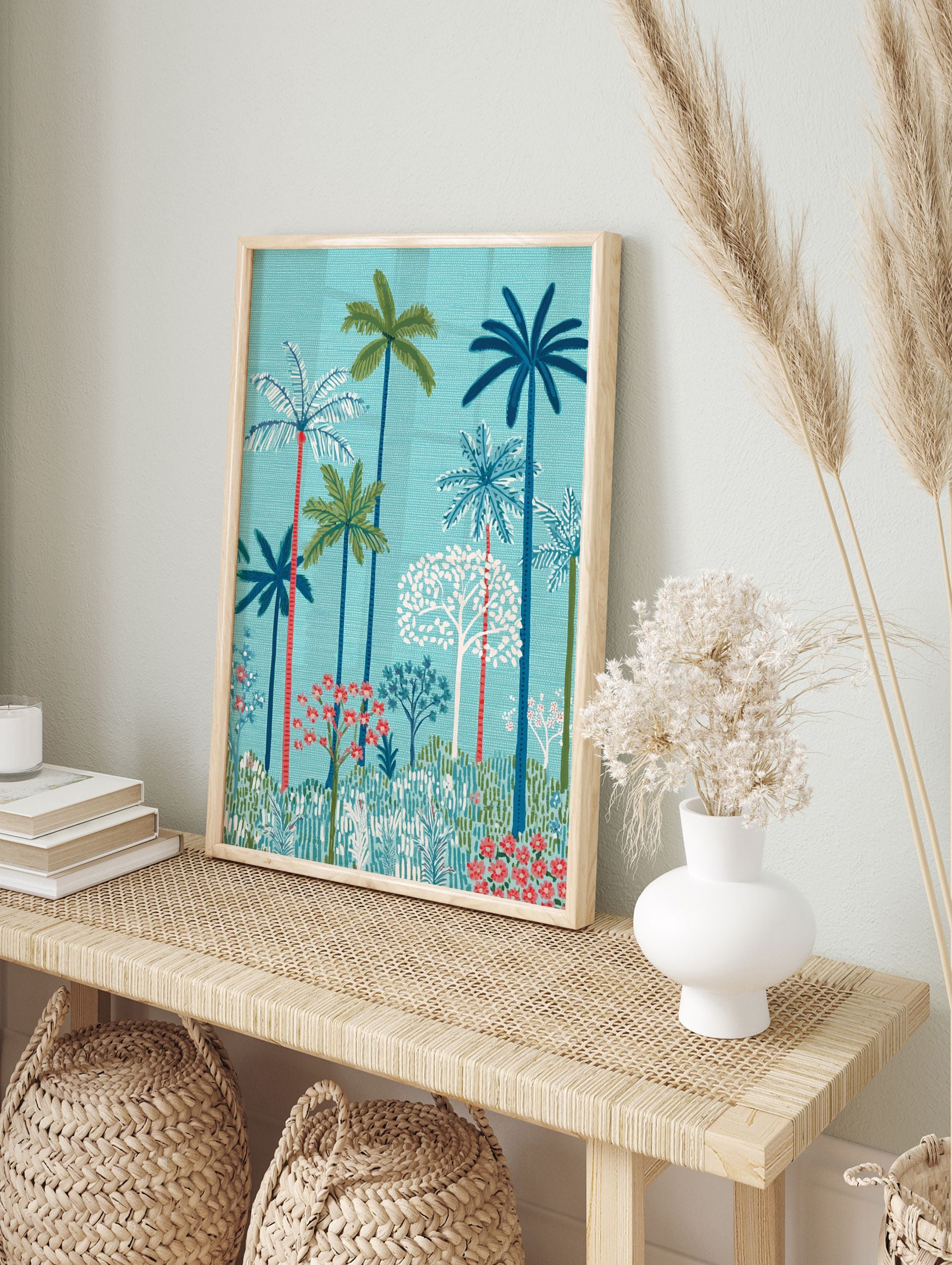 Vibrant tropical palm tree poster with lush green and blue foliage and red accents against a teal background. - Image 4