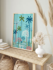 Vibrant tropical palm tree poster with lush green and blue foliage and red accents against a teal background. - Image 4