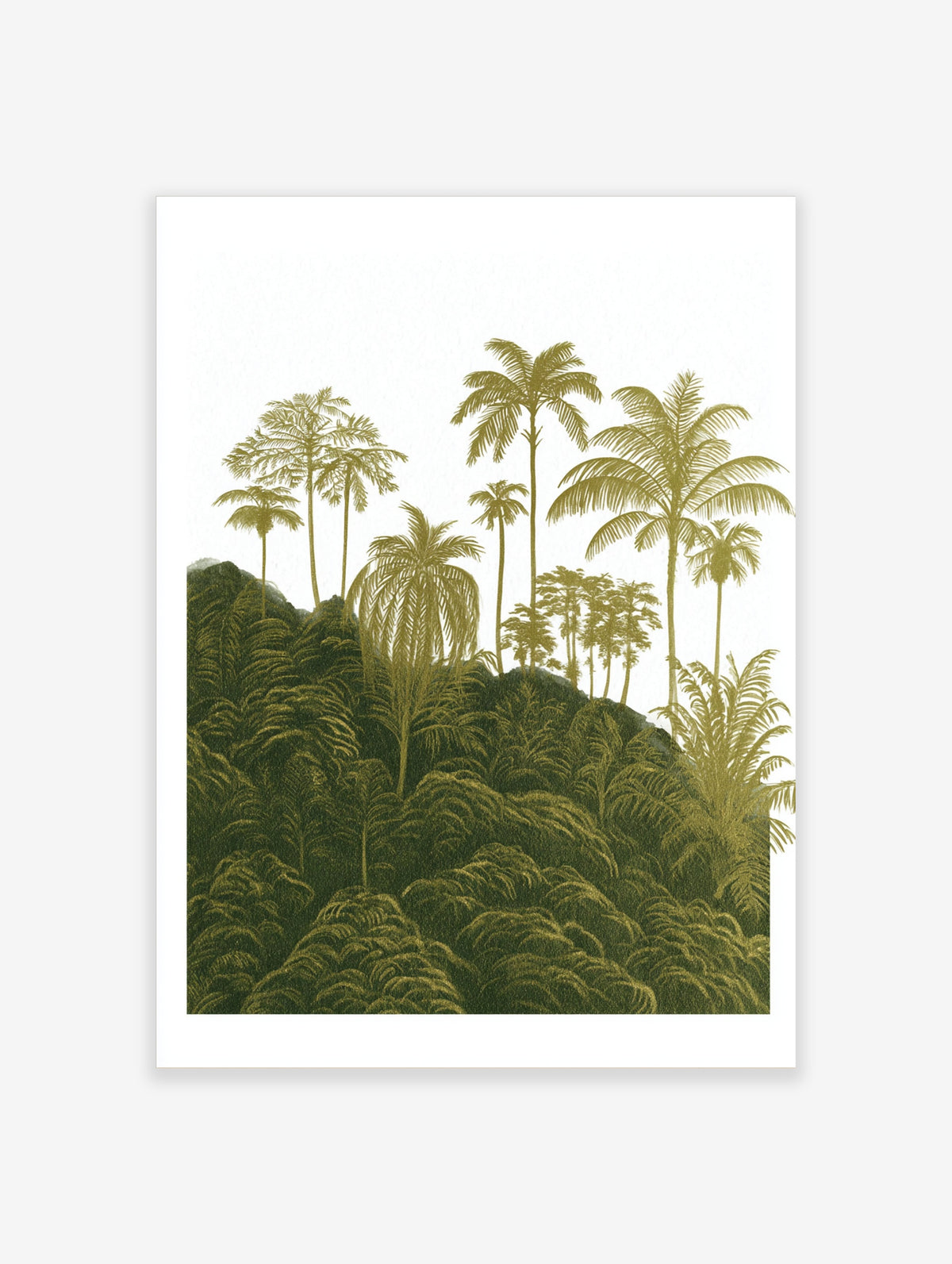 Tropical palm tree poster with layered jungle foliage in green tones on a white background