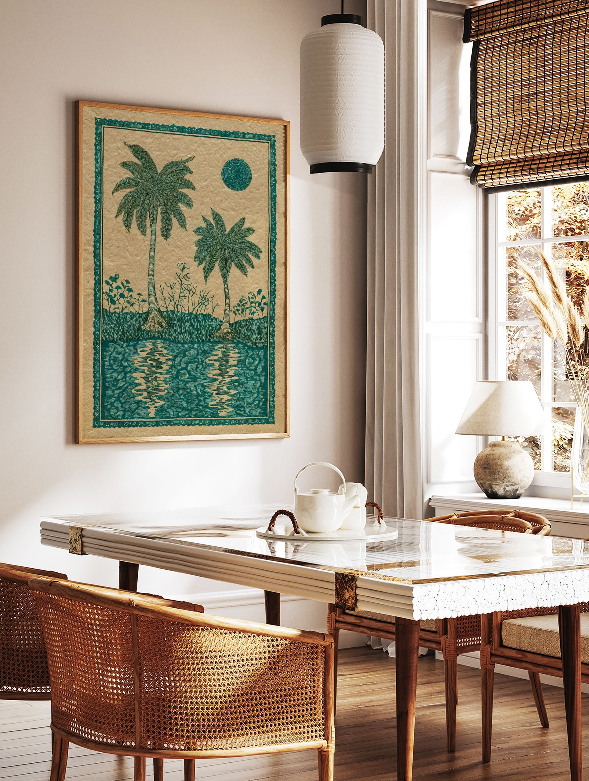 Tropical palm tree poster with two teal palm trees, plants, a stylized sun, and water reflections on beige paper. - Image 2