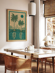 Tropical palm tree poster with two teal palm trees, plants, a stylized sun, and water reflections on beige paper. - Image 2