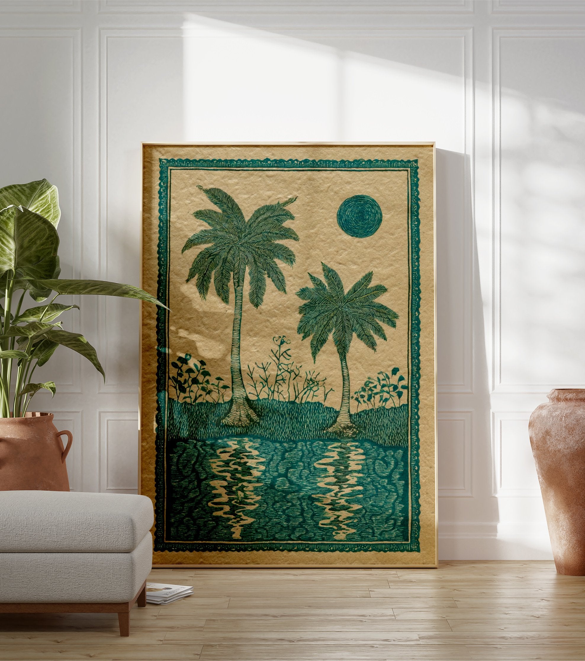 Tropical palm tree poster with two teal palm trees, plants, a stylized sun, and water reflections on beige paper. - Image 3
