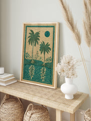 Tropical palm tree poster with two teal palm trees, plants, a stylized sun, and water reflections on beige paper. - Image 4