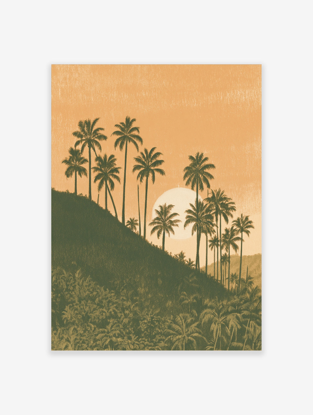Tropical palm tree sunset poster with silhouetted palms against an orange sky and large white sun