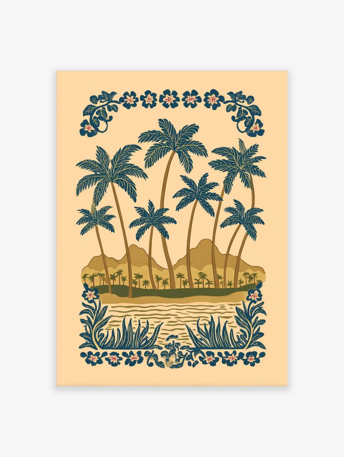 Illustrative tropical beach scene with blue palm trees, brown mountains, water, and decorative floral borders