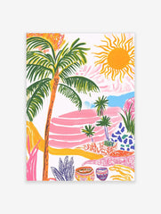 Colourful tropical landscape art print with palm trees, bright sun, pink terraced hills, and blue water