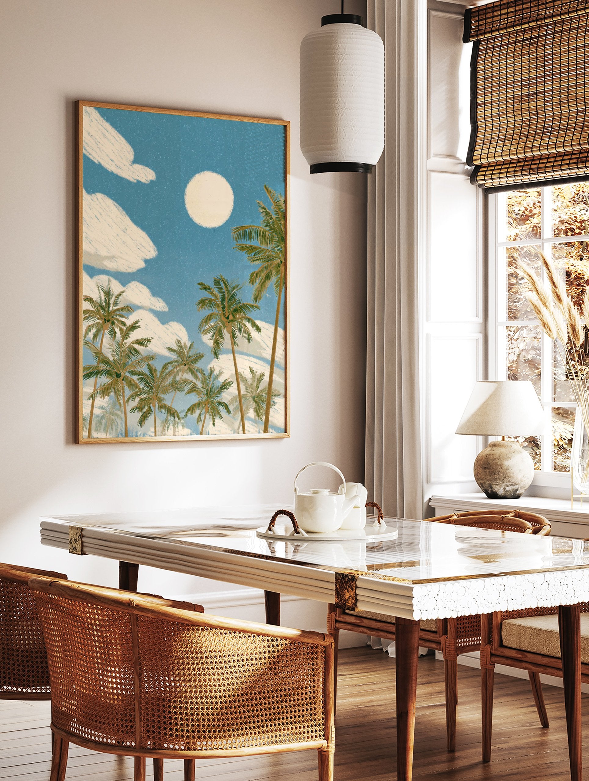 Illustrative tropical palm tree wall art with a full moon and white clouds against a blue sky, conveying a beach scene. - Image 2