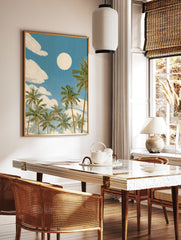 Illustrative tropical palm tree wall art with a full moon and white clouds against a blue sky, conveying a beach scene. - Image 2
