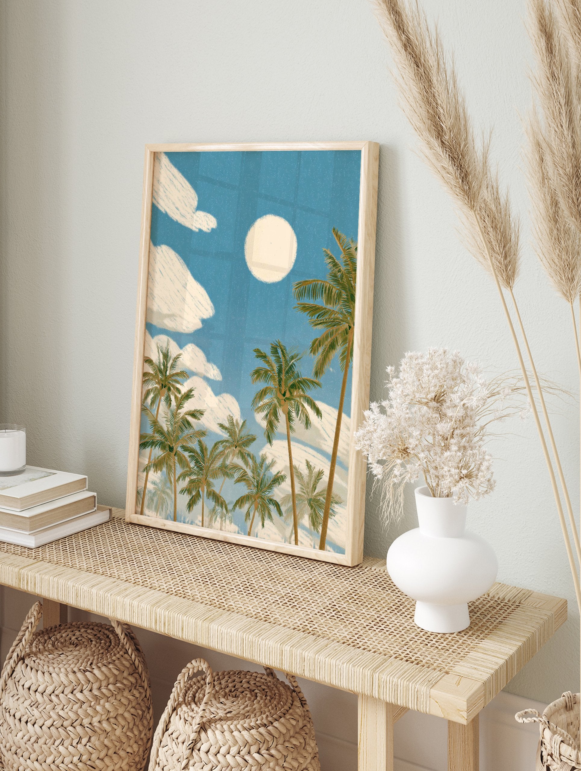 Illustrative tropical palm tree wall art with a full moon and white clouds against a blue sky, conveying a beach scene. - Image 3