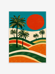 Illustrative landscape art print with green palm trees, large red sun, and layered orange and green hills